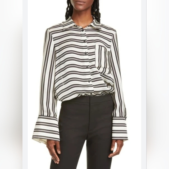 Club Monaco Size XS Black & Off-White Striped Kini Shirt, 100% Silk Gently Used - Picture 13 of 16